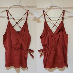 EXPRESS Wine Red Faux Wrap Cris Cross Back Top Size XS